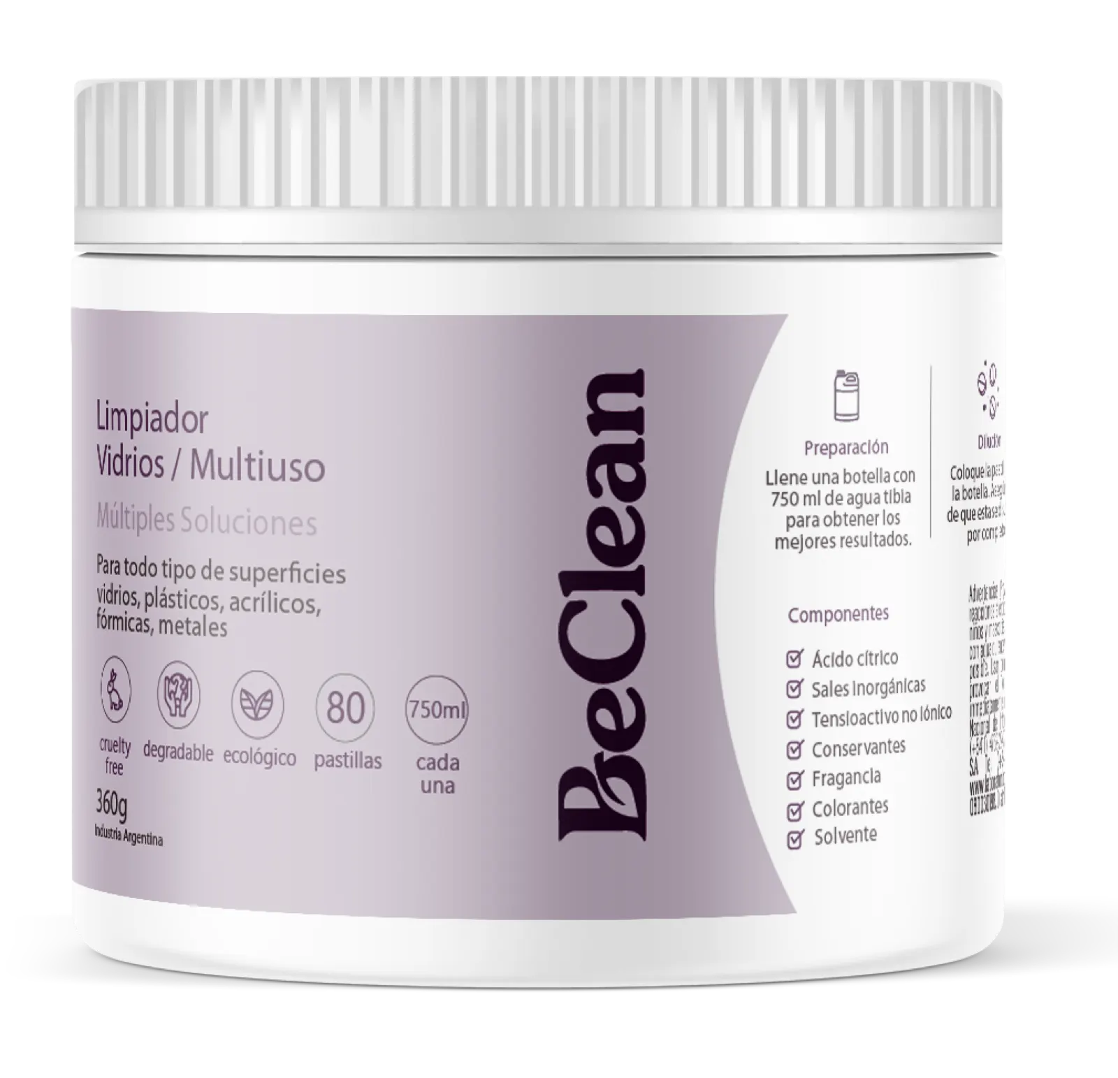 Pote de pastillas Limpiador de Vidrios / Multiuso BeClean