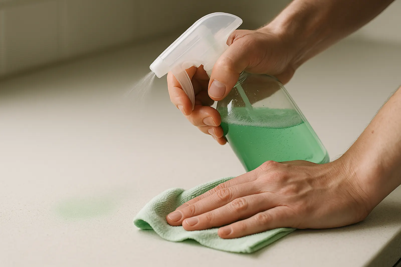 Limpiando una mesada con el spray BeClean
